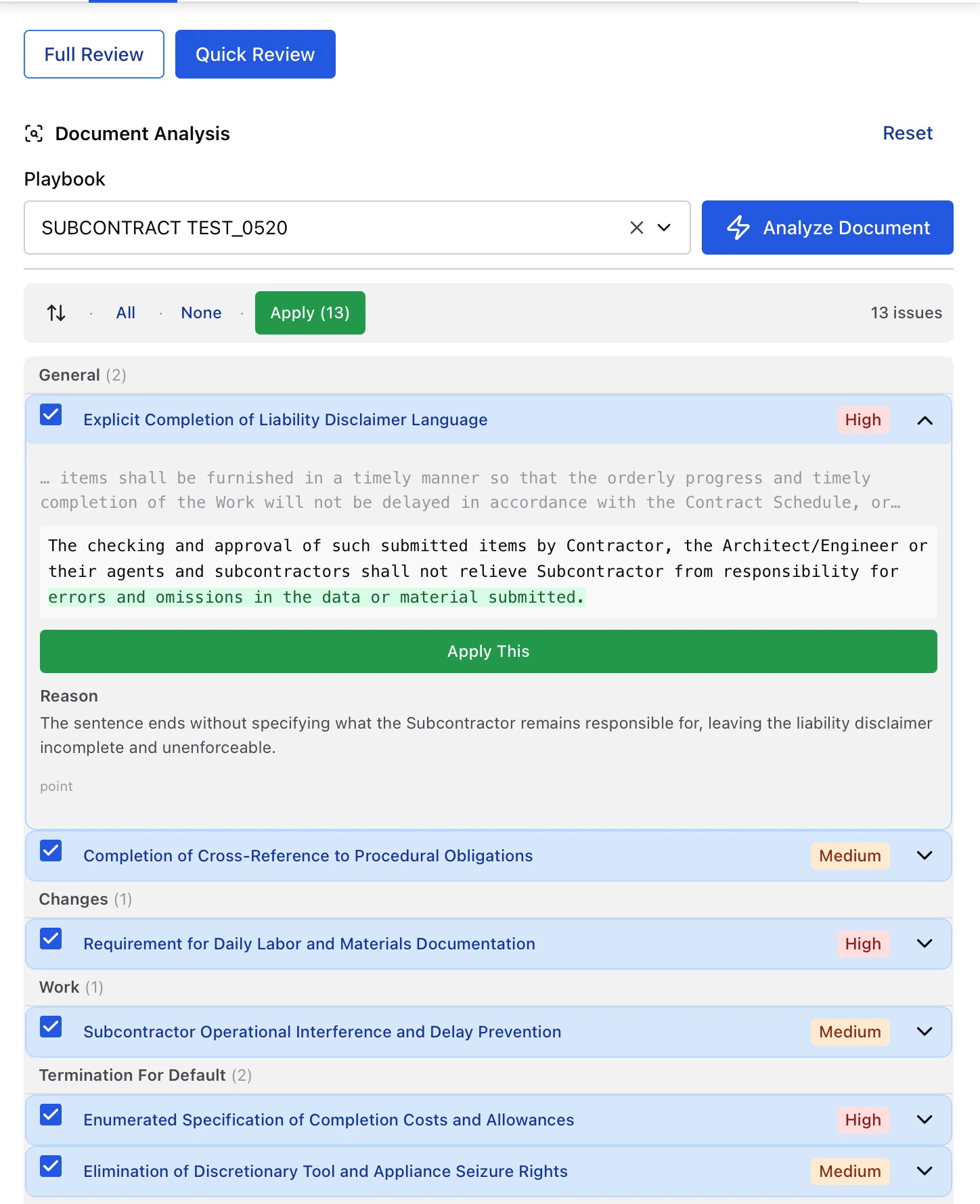 BlackBoiler Microsoft Word add-in showing a playbook review with proposed contract changes